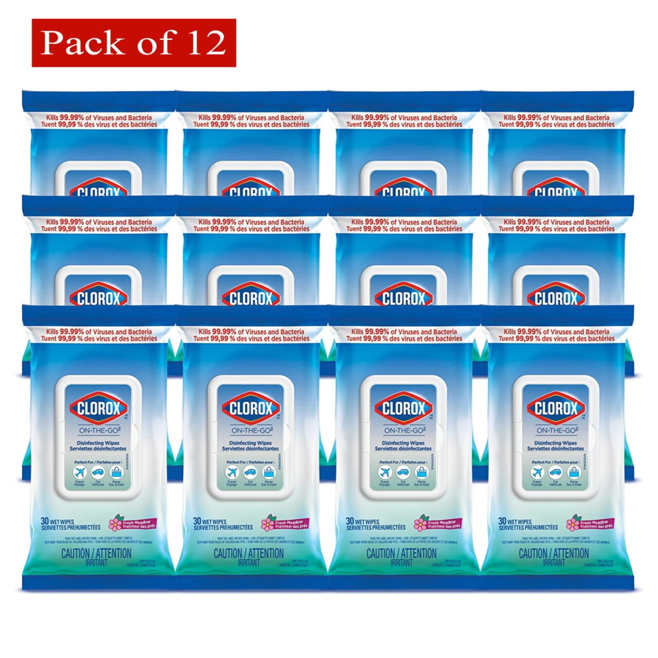 Clorox On-The-Go Disinfecting Wipes, Fresh Meadow, 30 Count, Multi-Pack of 12 Sachets - Pack of 12